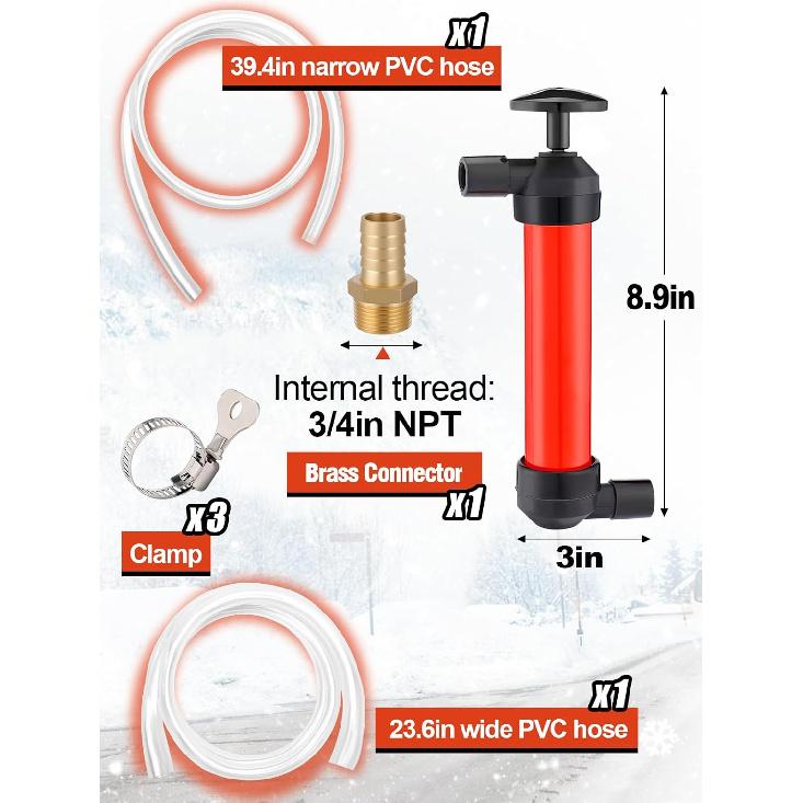 MADHOLLY Hand Fuel Pump With 3 Leakproof Clamps - RV Essentials Winterizing Kit, Antifreeze/Gas/Oil Transfer Siphon Pump