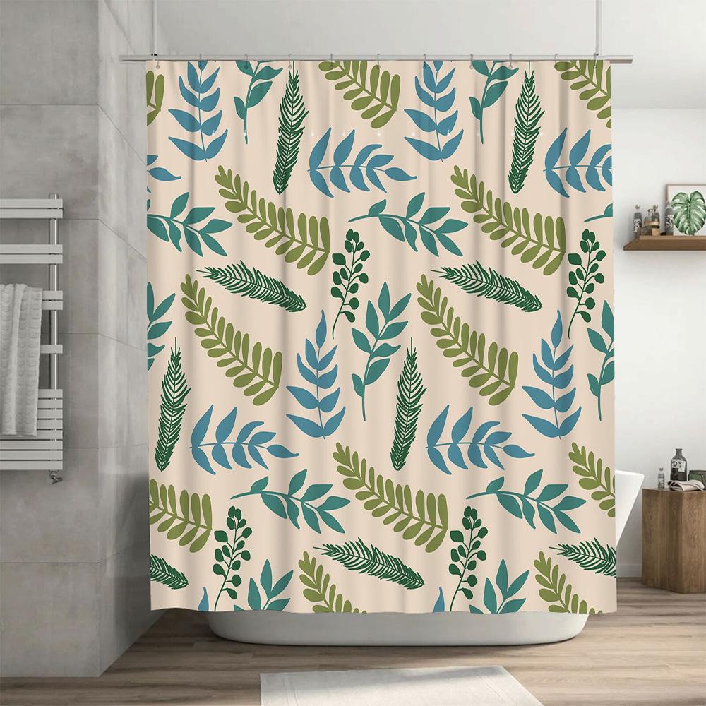 Modern Bath Shower Curtain with Leaves Print Beige Blue Green Fabric Waterproof Home Decor Window Decoration Panel Size 72 x 84