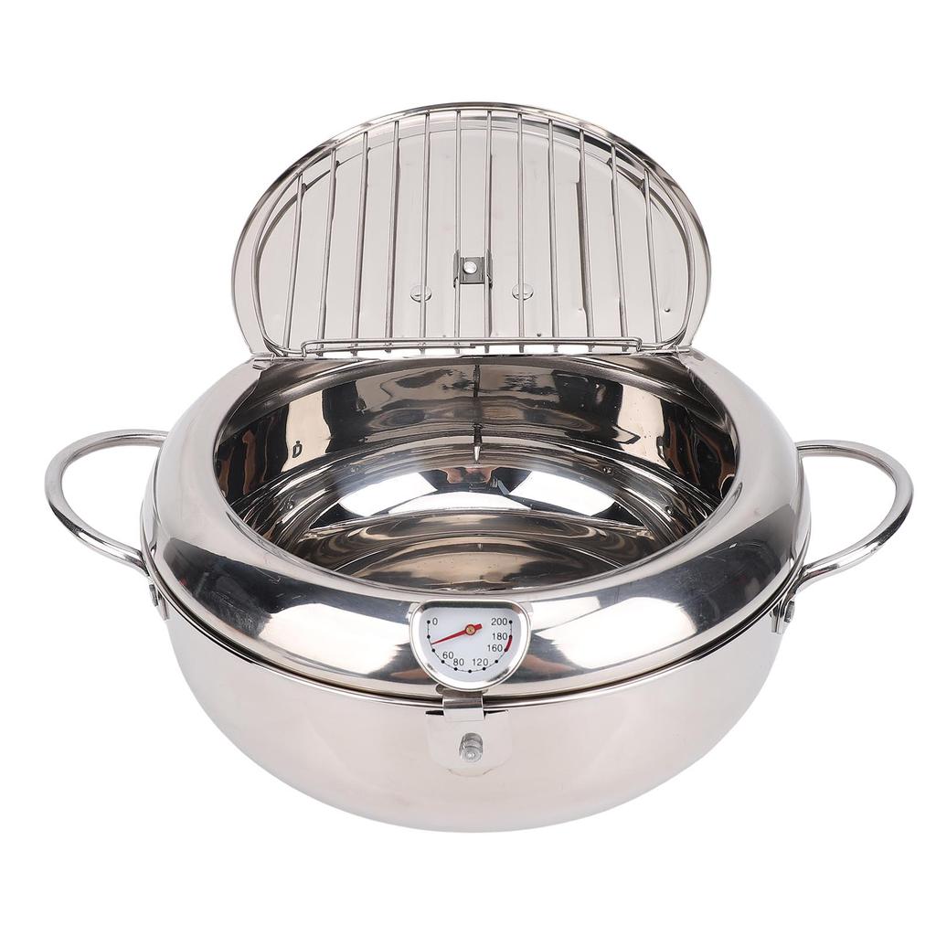 Frying Pot 3.2L Double Ear 201 Stainless Steel Deep Fryer Pot with Oil Drip Drainer Rack Thermometer for Tempura