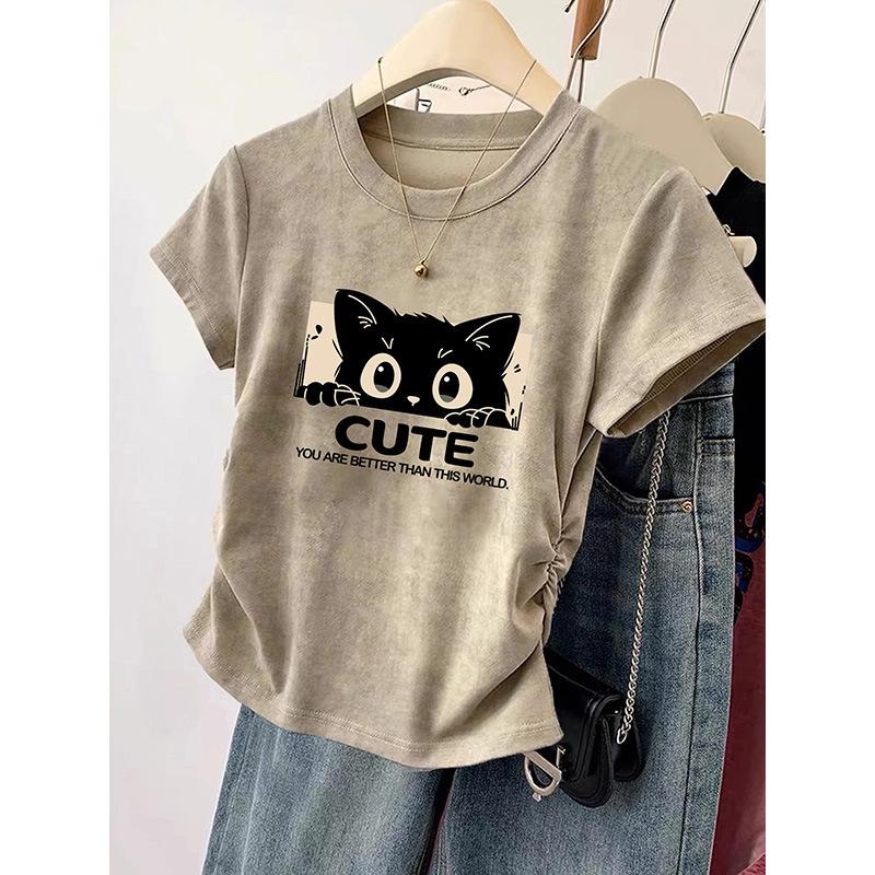 Pure cotton tie-dye cat short front shoulder short-sleeved t-shirt women's summer design niche slim top new