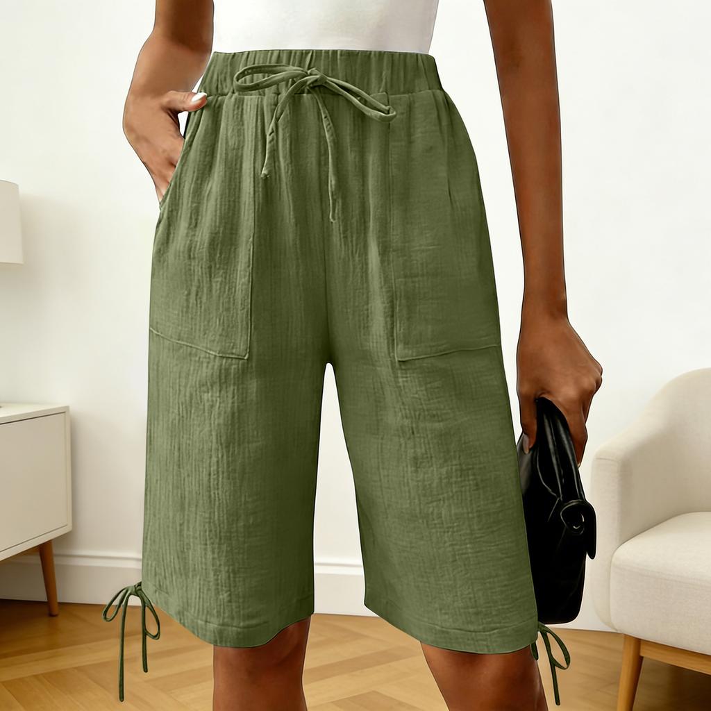 Women's Fashionable Color Elastic Waist Pocket Casual Loose Cotton And Linen Five Quarter Shorts