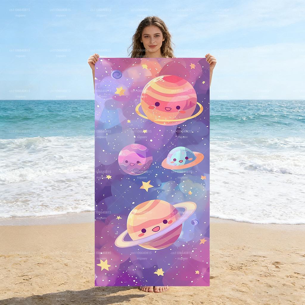 

Cute Cartoon Planet Beach Towel, Kawaii Space Galaxy Print Bath Towel, Super Absorbent Microfiber Towel for Kids & Adults, W30*H60(CM)