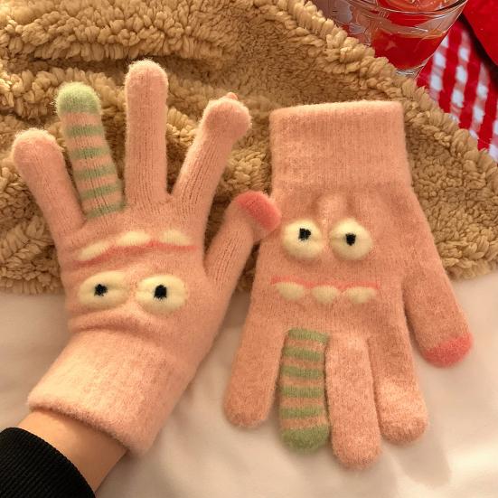 1 Pair Knitted Gloves Flexible Five-finger Thickened Winter Gloves Touch Screen Cute Big Mouth Warm Gloves Student Gloves for Cold Weather