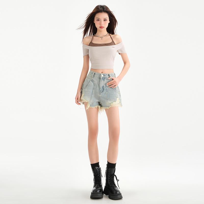 

Xintang Stylish Light Blue Ripped Denim Shorts Women 2025 Summer Raw Edge Hot Pants XS світло-синій колір