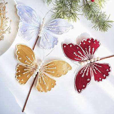 1PC Fake Butterfly Branches Christmas Decor Imitation Butterflies Xmas Imitation Pearl Butterflies Christmas 6 Colors