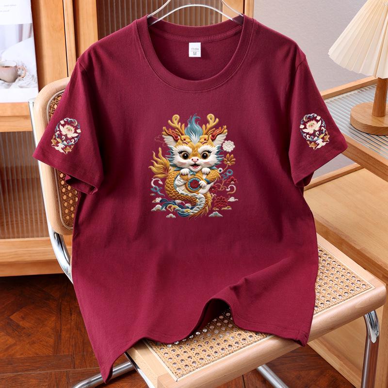 New Chinese Style Unisex Cotton Short Sleeve T-shirt with Auspicious Print