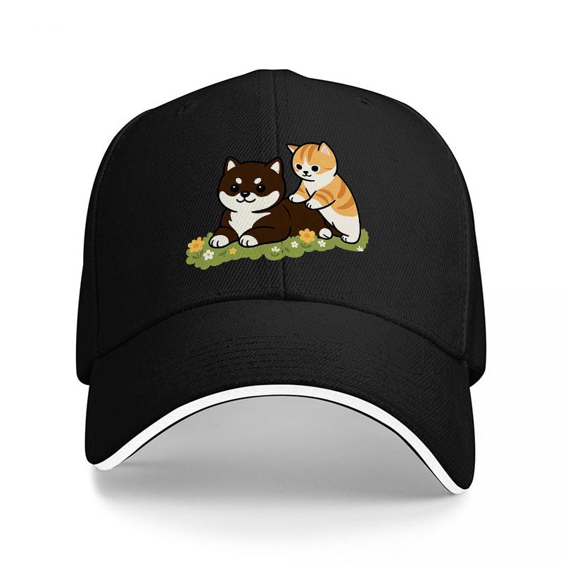 Cute Cat Duo Baseball Cap Black Adjustable Hat with Adorable Feline Design for Cat Lovers Fashionable and Comfortable Headwear