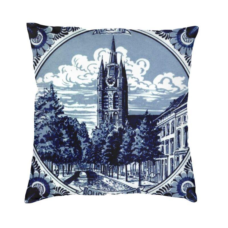 Dutch Blue Delft Cushion Cover 40X40Cm Vintage Windmill And Bridge Art Pillow Case For Sofa Square Pillowcase Home Decorative