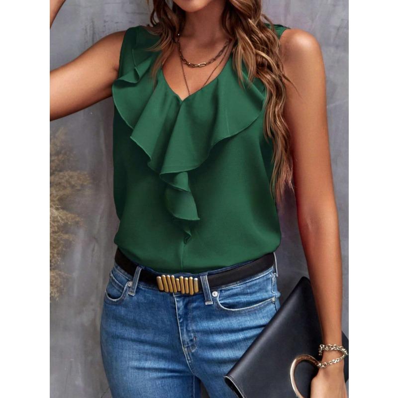 Summer Women's Shirt Fashion Solid Colour Lace V-Neck Sleeveless Top