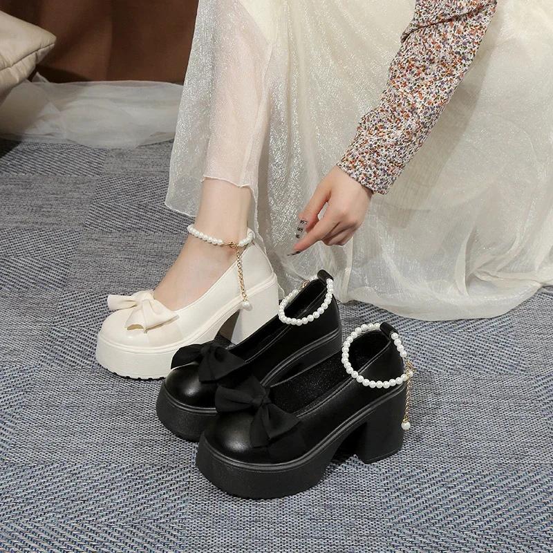 Fashion 2024 Fashion Shoes for Women Women's Pumps Autumn Mary Jane Round Toe Bow Tie Solid Platform Chunky Heels Shallow Shoes Heels