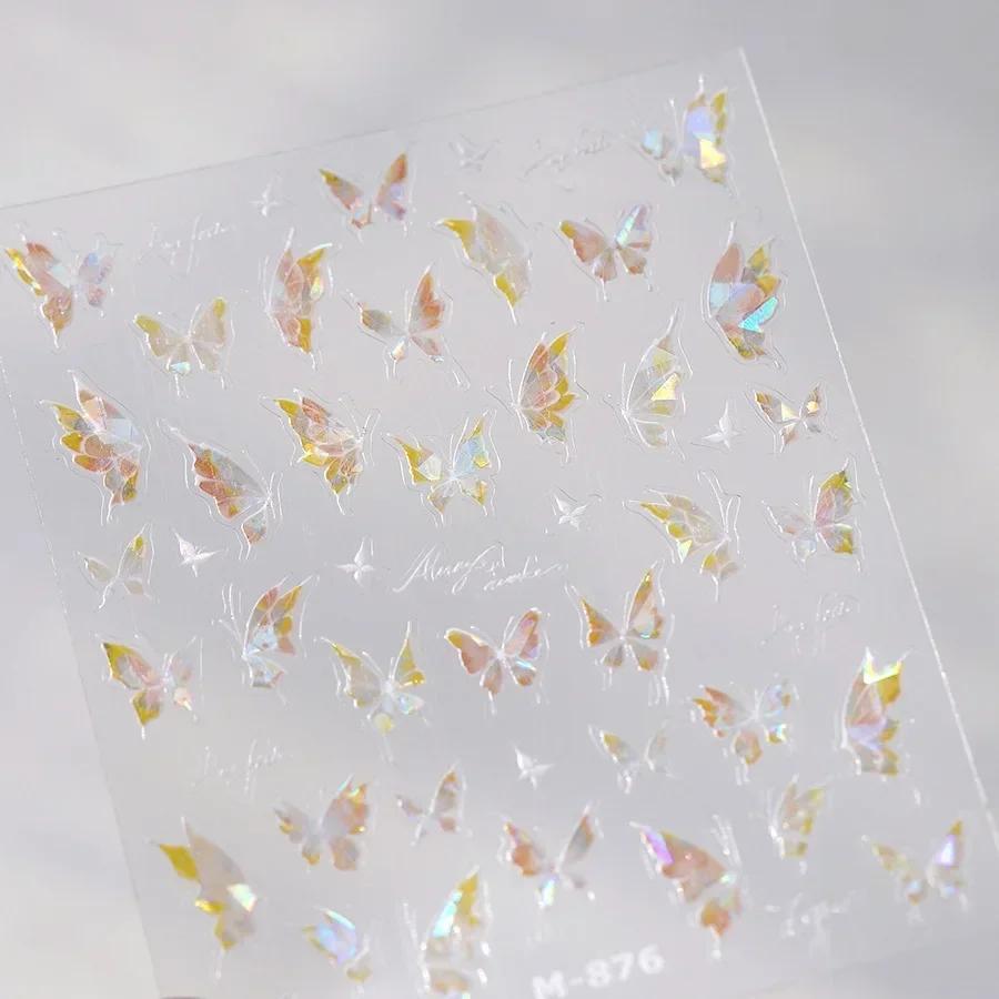 Shiny Jelly Butterfly Charming Golden Gradient Bowknot 5D Self Adhesive Nail Art Sticker Flower Petal Rhinestone Manicure Decals