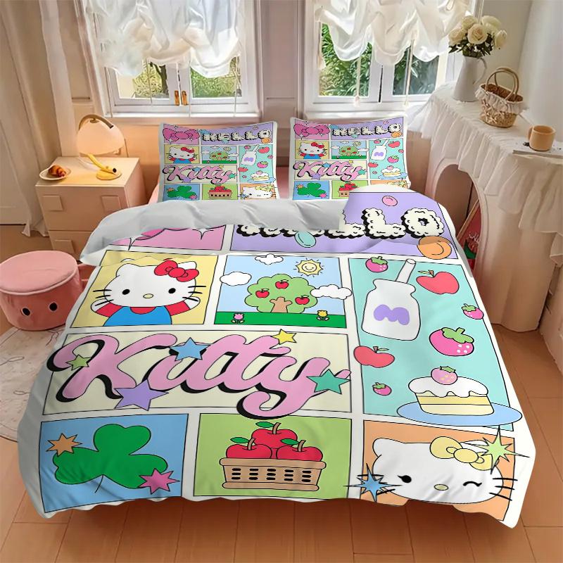 3pcs Hello Kitty's Whimsical World Printed Quilt Set - Includes 1 Quilt Cover and 2 Pillowcases, Machine Washable - Suitable for All Seasons.H054