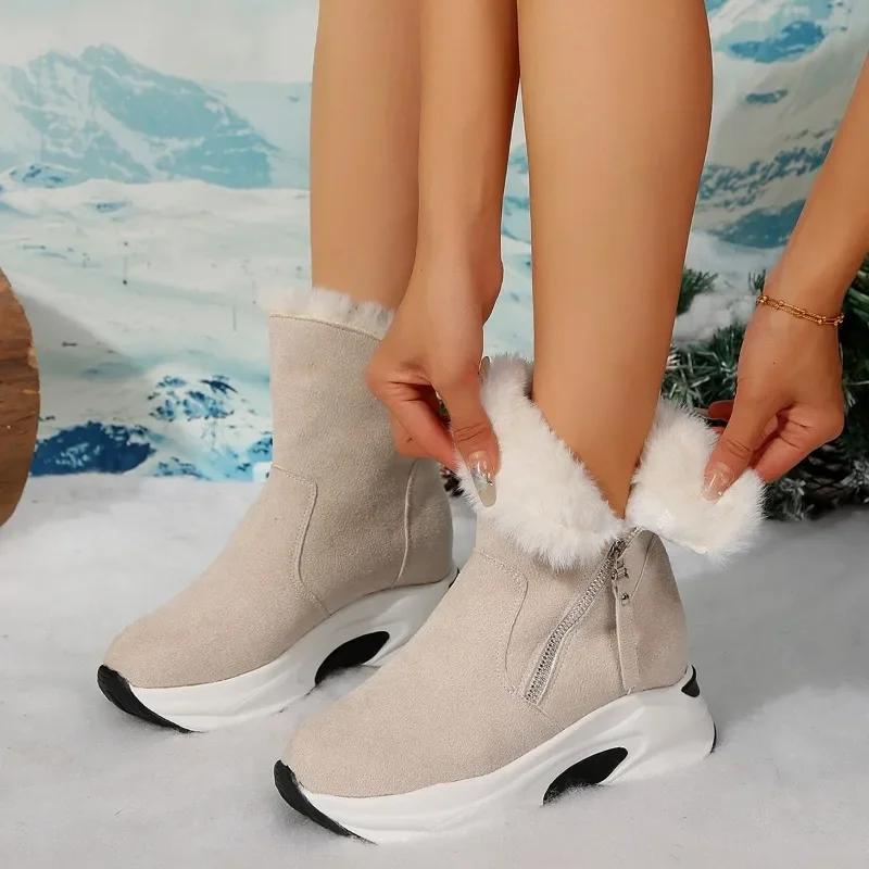 Fashion Mid-Calf Women's Boots Warm Snow Boots Women Round Toe Side Zip Platform Outdoor Shoes