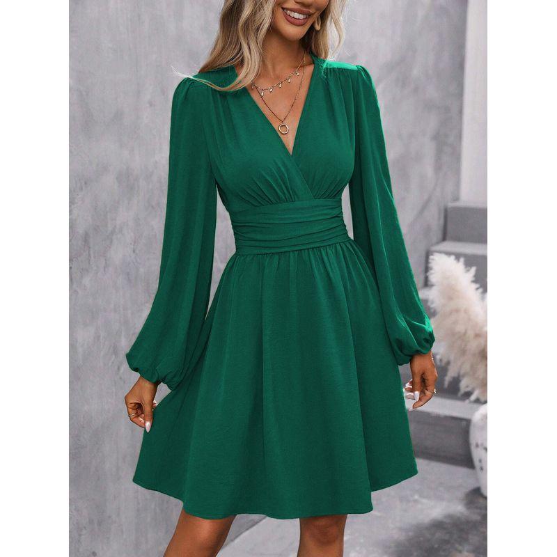 

Autumn Lantern Dress2025 Autumn and Winter New Women s Oblique Collar Lantern Sleeve Pleated Decoration Waist Dress Green S