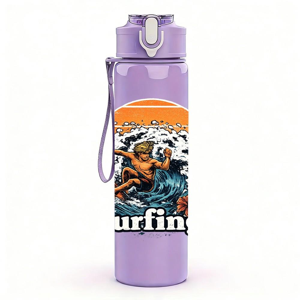 1PC Surfing Man Ocean Wave Retro Print 750ml Color Plastic Sports Water Bottle Leakproof Flip Straw Lid Suitable for Sports Office Home Use