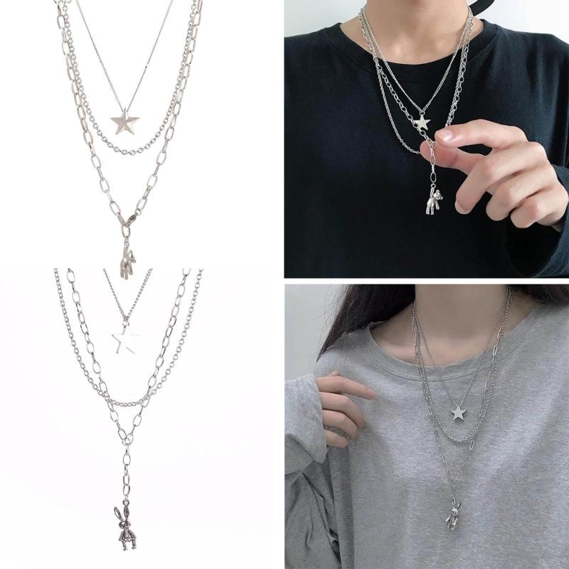 Female Niche Collarbone Chain Three-Layer Bear Star Tassels Necklace Student Simple Temperament Cold Wind Necklace