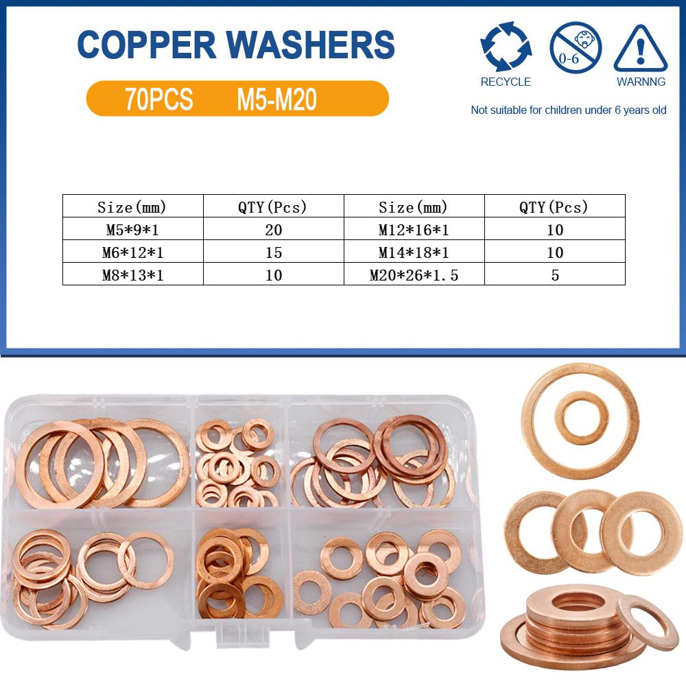 Solid Pure Copper Flat Washers Gasket Seal Ring M5 M6 M8 M10 M12 M14 M16 Metric Crush Washers For Sump Plug Oil Pipe Boat Repair Oil Drain Plugs 3