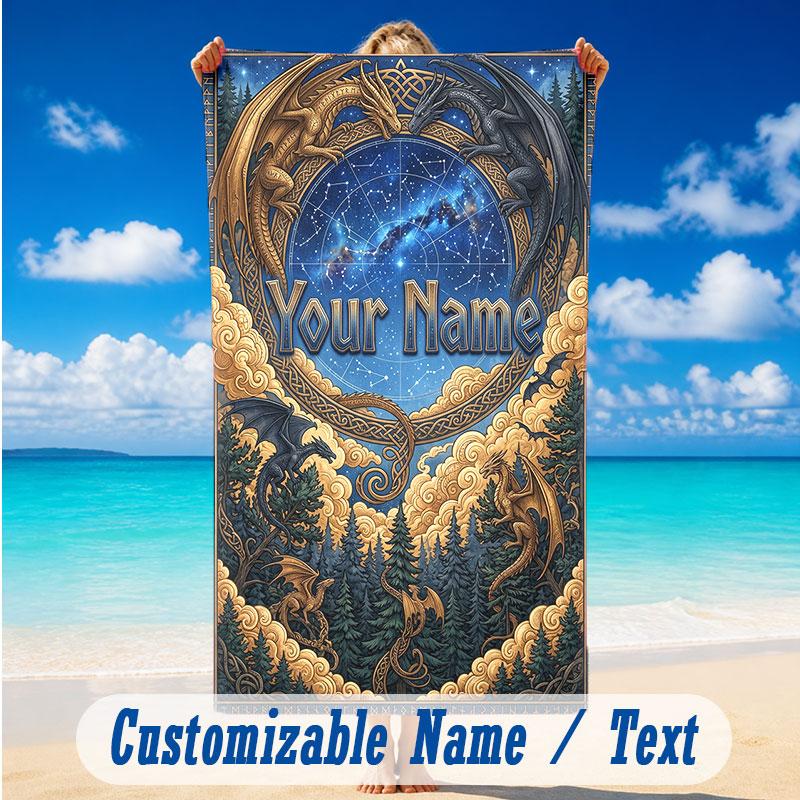 Dragon Phoenix Theme Beach Towel Personalized Custom Name & Text Soft Quick Dry Beach Towel for Swimming Travel