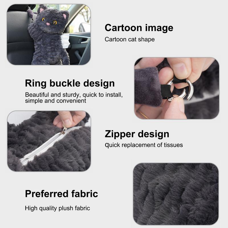 Plush Tissue Dispenser Plush Hangable Animal Car Tissue Holder 2 In 1 Car Tissue Box And Trash Can Decorative Organizer Black