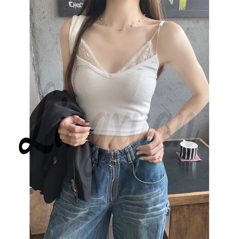 Summer Korean Slim-Fit V-Neck Lace Trim Camisole Top Large белый