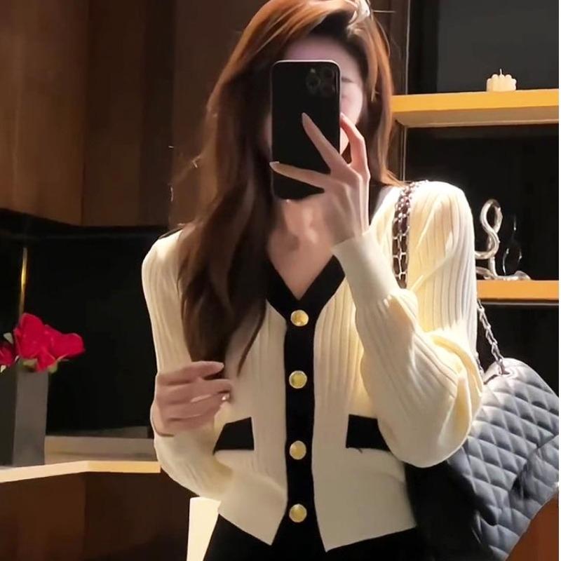 Maglione Corto Scollo a V da Donna Autunno Nuovo Maniche Lunghe Cardigan Lavorato a Maglia Giacca Top