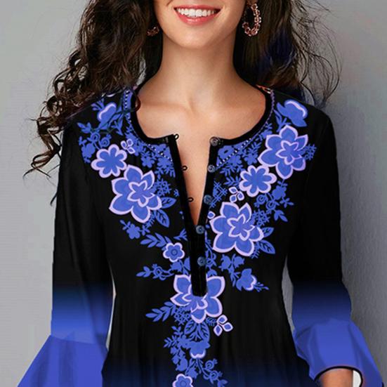Vintage Shirt Gradient Color Printing Irregular Flare Sleeve Women Slim All