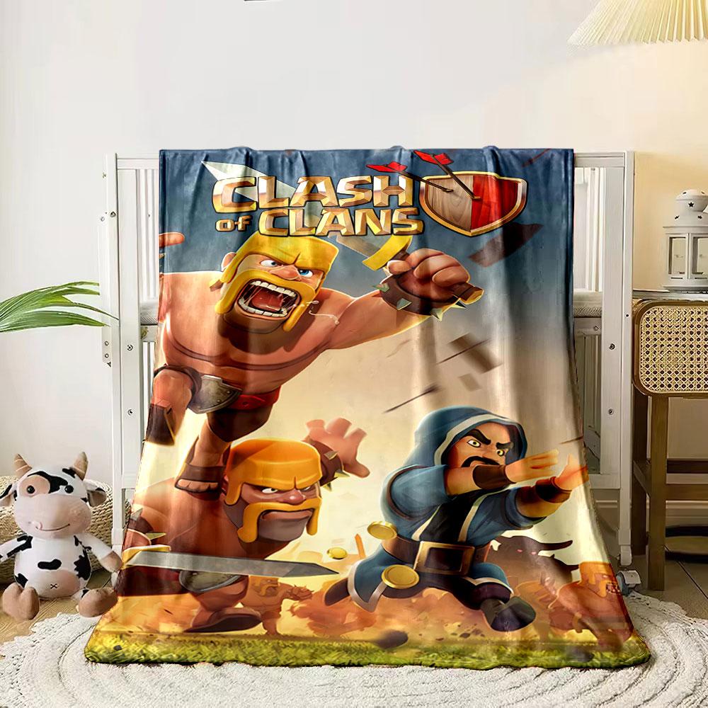 Dynamic battle-themed artwork with characters and weapons in action. for all seasons blanket lunch break throw gift