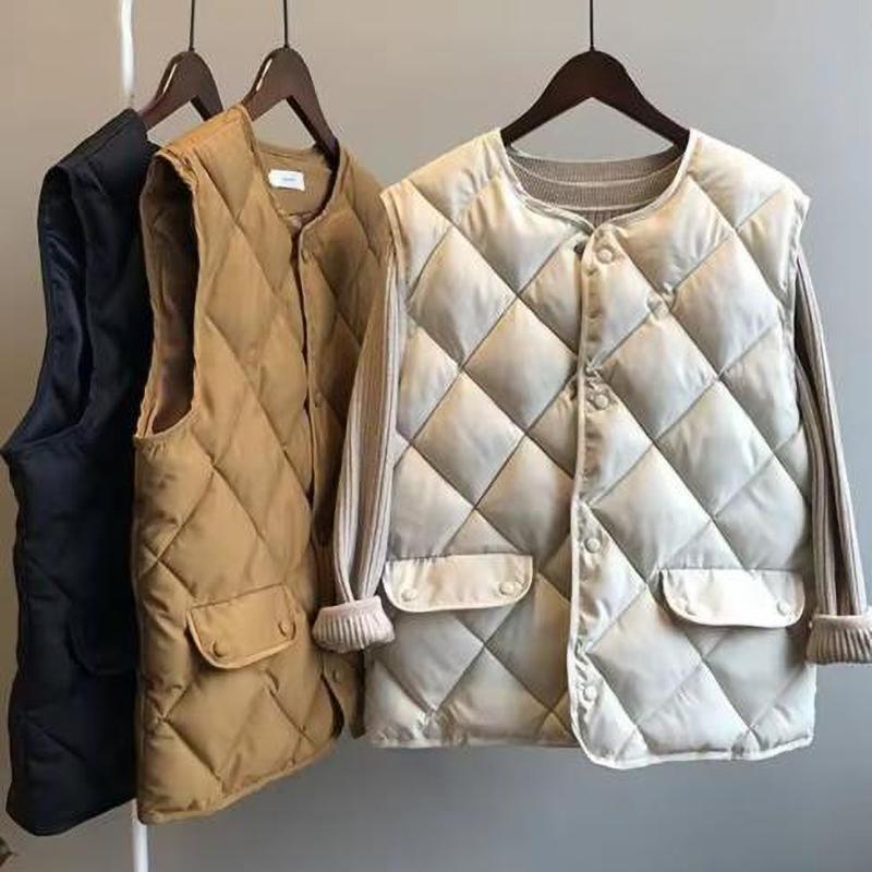 Women Autumn Winter Vest Sleeveless O Neck Loose Padded Single Breasted Casual Vest