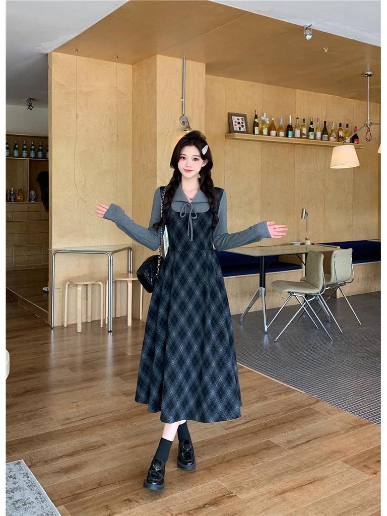 Plus Size Plaid Two-Piece Look Dress - Spring 2026 Slimming Long-Sleeved Waist-Cinched Skirt for Women