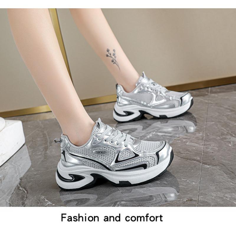 Thick Sole Height Increasing Silver Platform Women Casual Sports Chunky Dad Sneakers