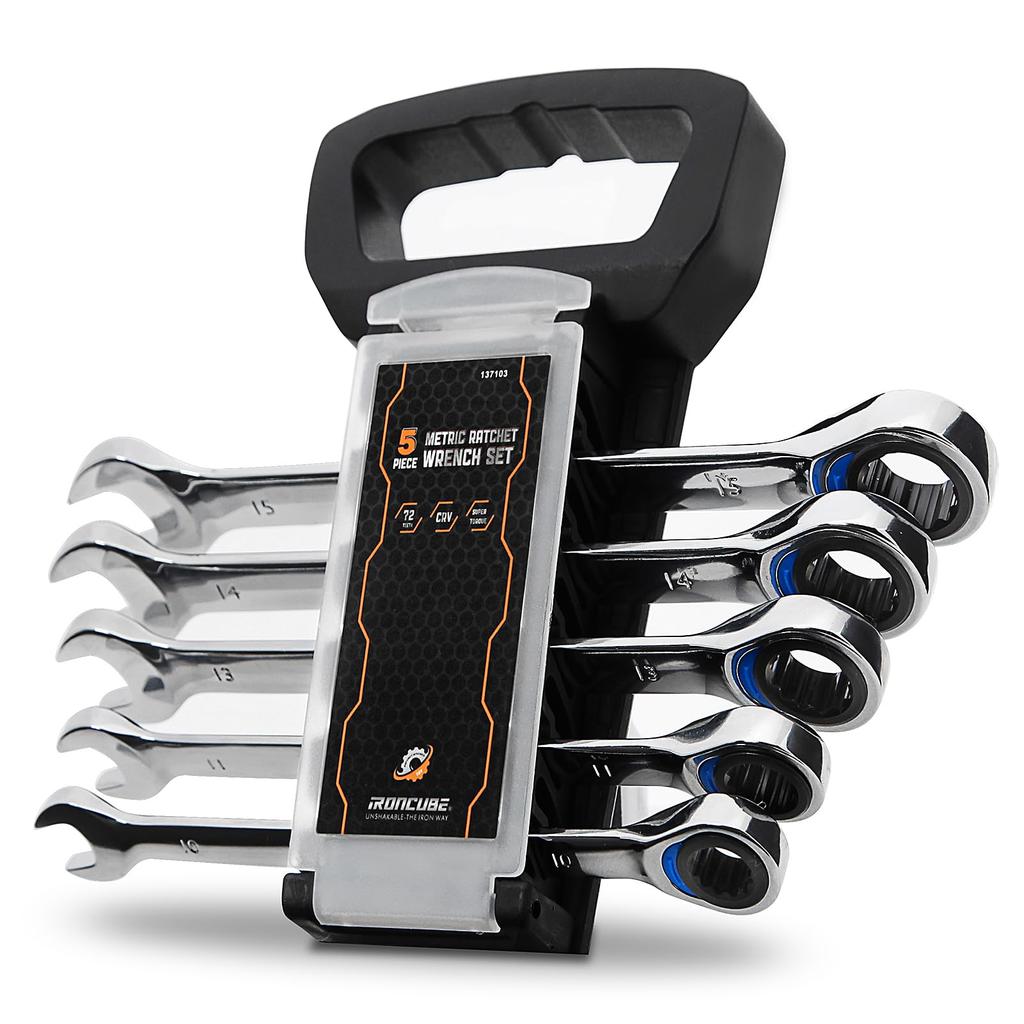 IRONCUBE Ratcheting Combination Wrench with Carrying Bag Set, 5-Piece, Metric, 10-15mm, CR-V Steel,