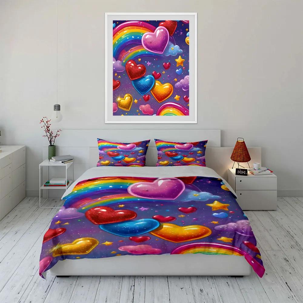 Rainbow Heart Star Decoration Set Soft Comfortable Duvet Cover Bedding Set Included 1*Duvet Cover & 2*Pillowcases gift