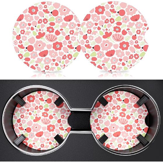 2 Pack Car Cup Holder Coasters, 2.63 Inch Anti Slip Ceramic Absorbent Coaster with Cork Base and Finger Notch, Cute Car Accessories Interior for