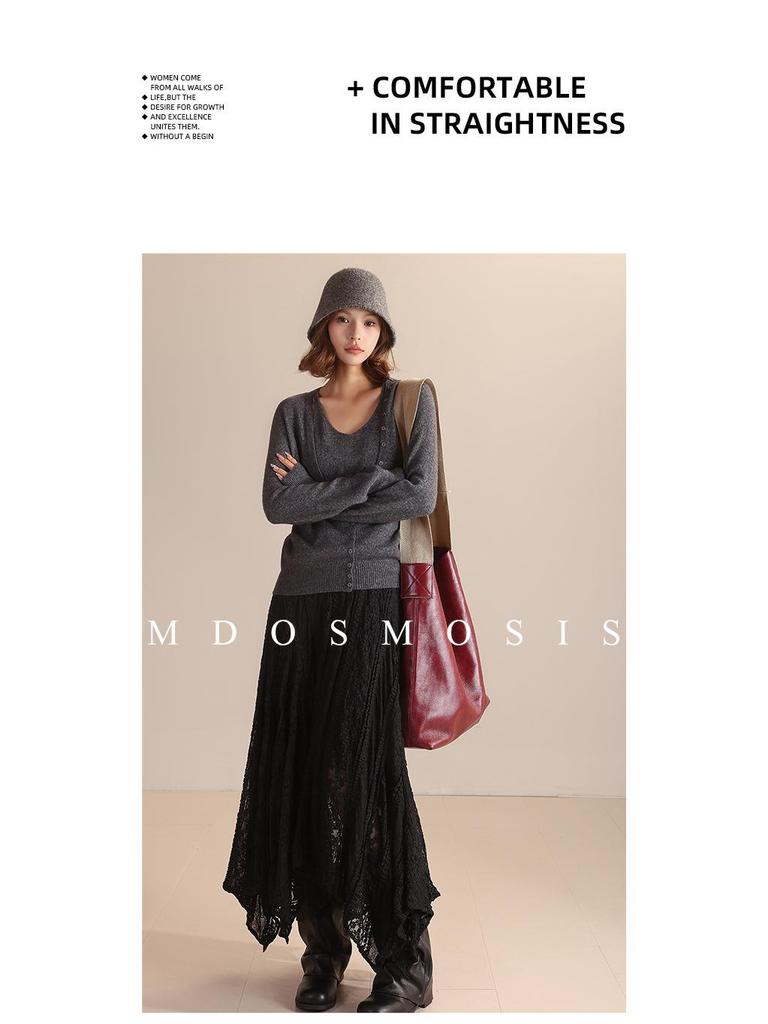 Octagonal Knit Lace Skirt with Elastic Waistband and Irregular Hem - Spring/Autumn 