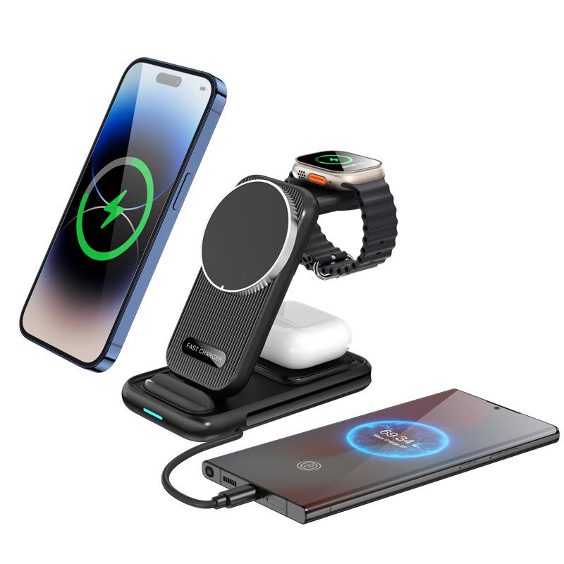 Foldable Multi-Functional Wireless Charging Stand with Built-in Cable - 15W Four-in-One Fast Charger for Mobile Phones
