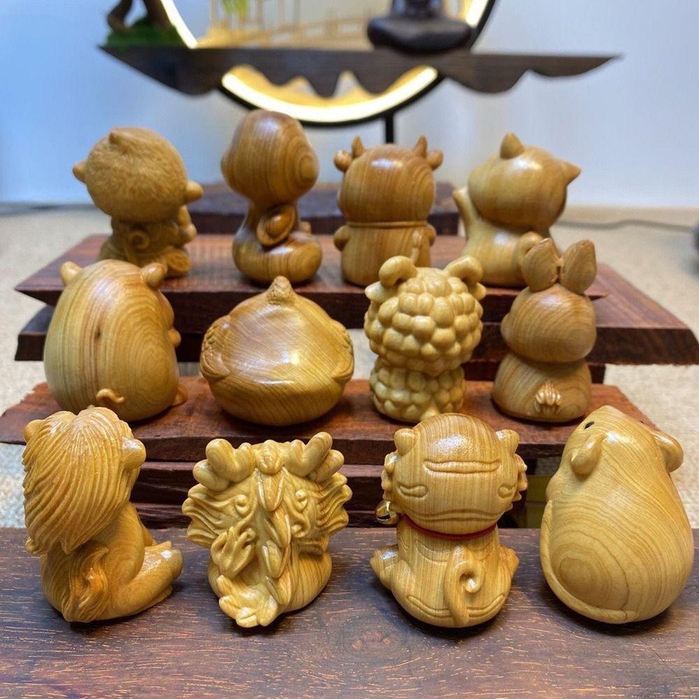 Mini Wood Carving Wood Carving Twelve Zodiac Wooden Zodiac Wood Little Animal Model  New Year Gift