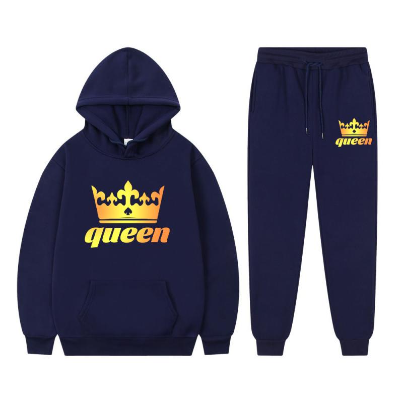 Long Sleeved Tracksuit QUEEN KING Print Lover Couple Outfits Fleece Hoodie Sweatpants Oversized Sweatshirt Pants Suit Men Clothe