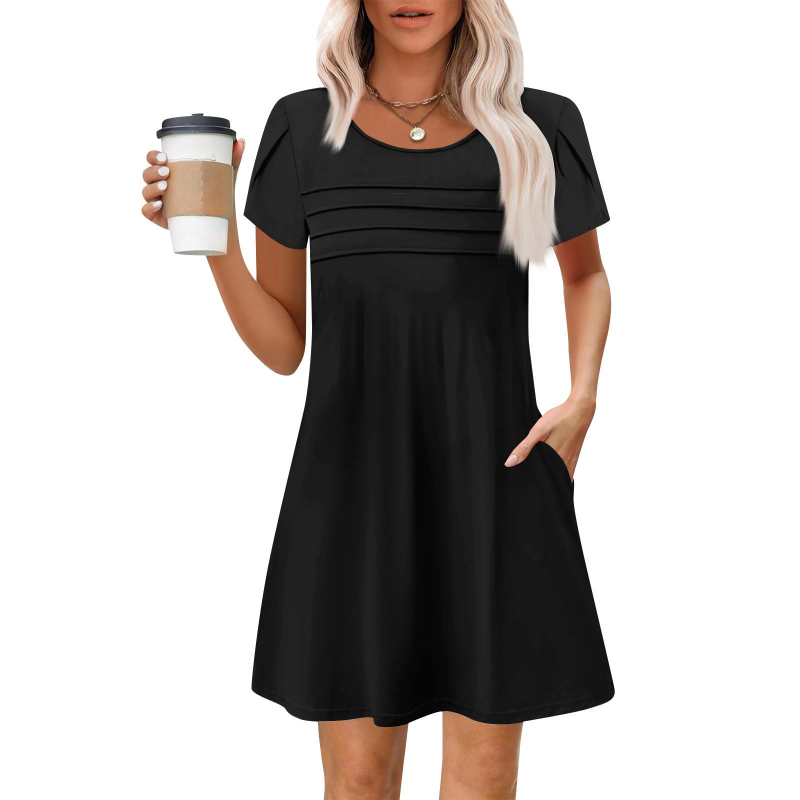 

Женские летние повседневные лепестковые узкие полосатые плиссированные однотонные платья L чёрный