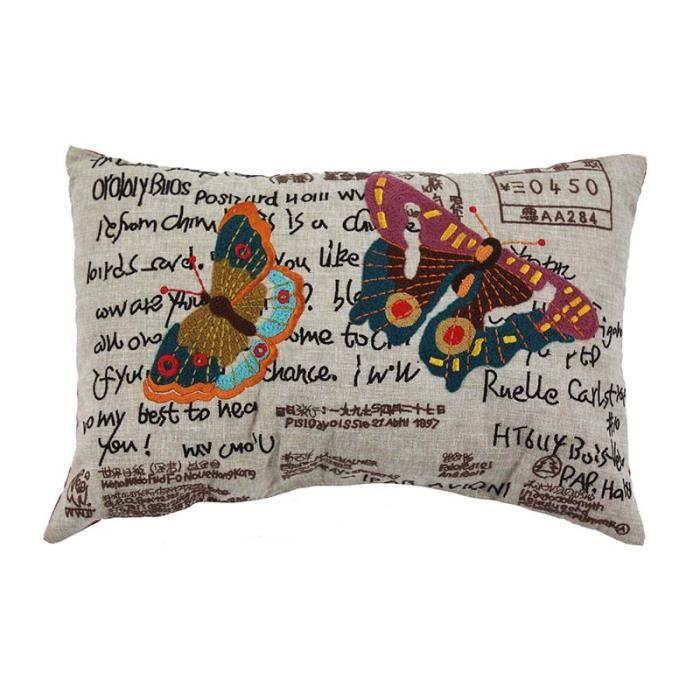 BUTTERFLY - Vintage butterfly pattern cushion 30 x 45 cm in linen and polyester Multicolor