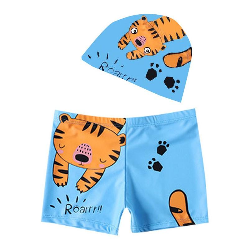 Make a Splash with Our Fun and Playful Boys Cartoon Shark Beach Shorts and Swimming Cap Set for Little Swimmers Ages 3-7!