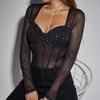 Women Long Sleeve Tops Sexy Bodysuit Y2k Shiny Rhinestone Mesh Corset Overbust Vintage Streetwear Black Red Jumpsuits Romper