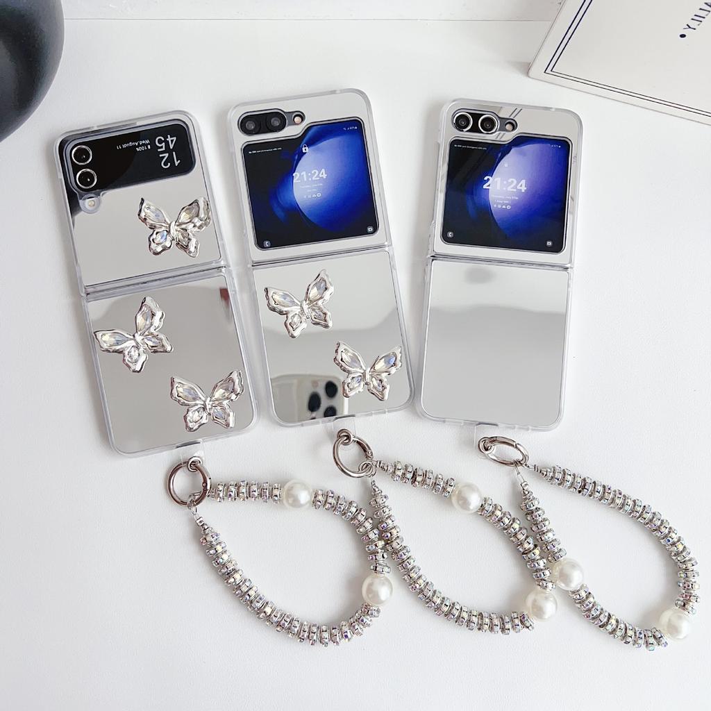 Applicable to Samsung Galaxy ZFlip6 mirror folding mobile phone case bracelet butterfly zflip5 folding mirror hard case