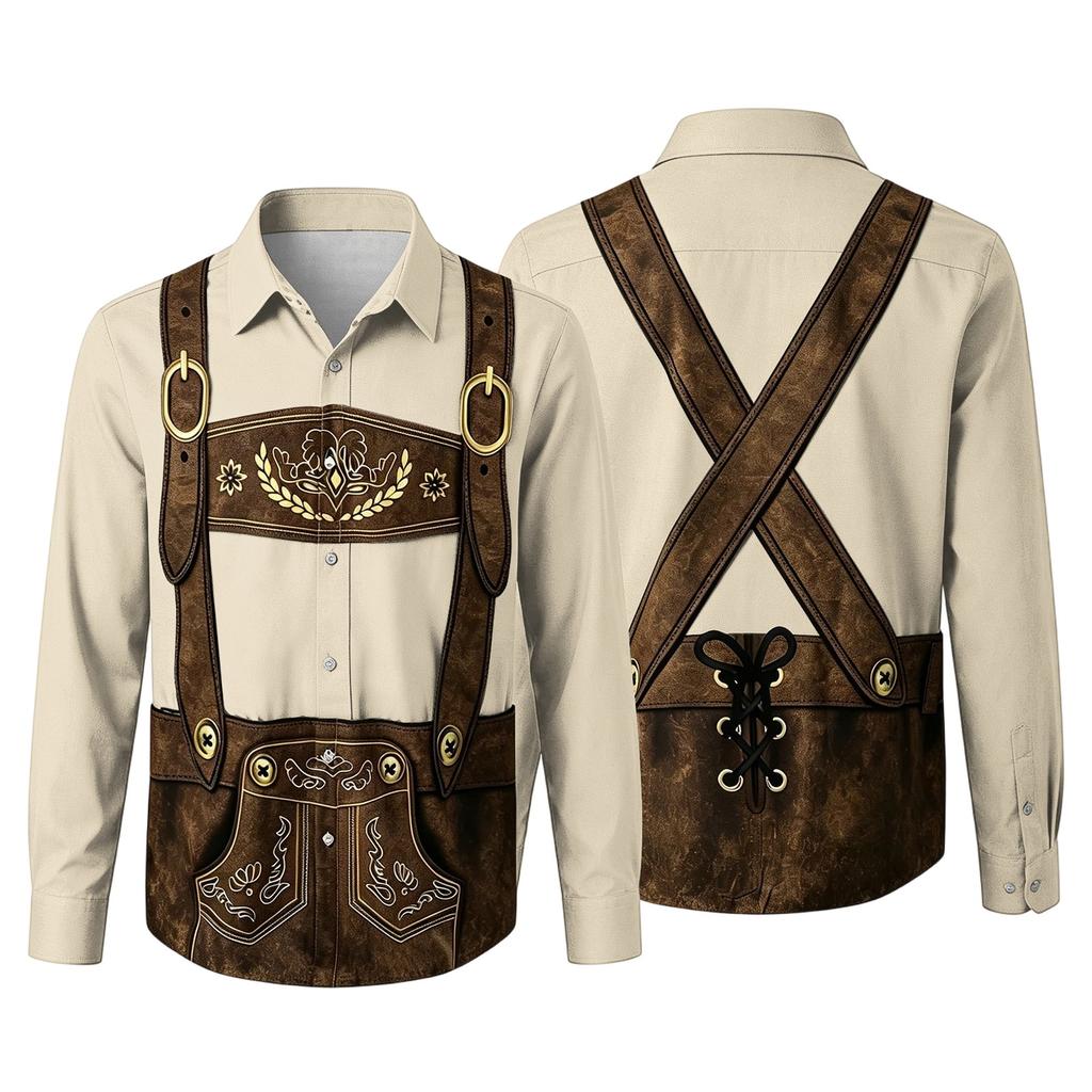 Camicia da uomo per l'Oktoberfest con stampa 3D, vestibilità larga, manica lunga, colletto, casual, stile vintage, traspirante, per lavoro, festival all'aperto, festa