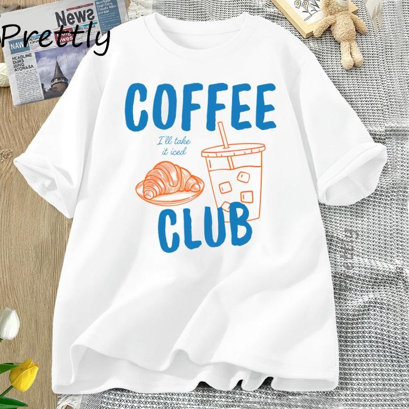 Womens Tshirt Iced Coffee Club T Shirt Women Coffee Lover Retro Coffee Tee Trendy Cotton Short Sleeve Graphic T Shirts