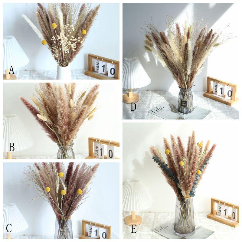 Nordic Style Mixed Dried Flower Bouquets with Reeds, Dusters, Golden Balls, and Lagurus Ornaments for Home Decor.