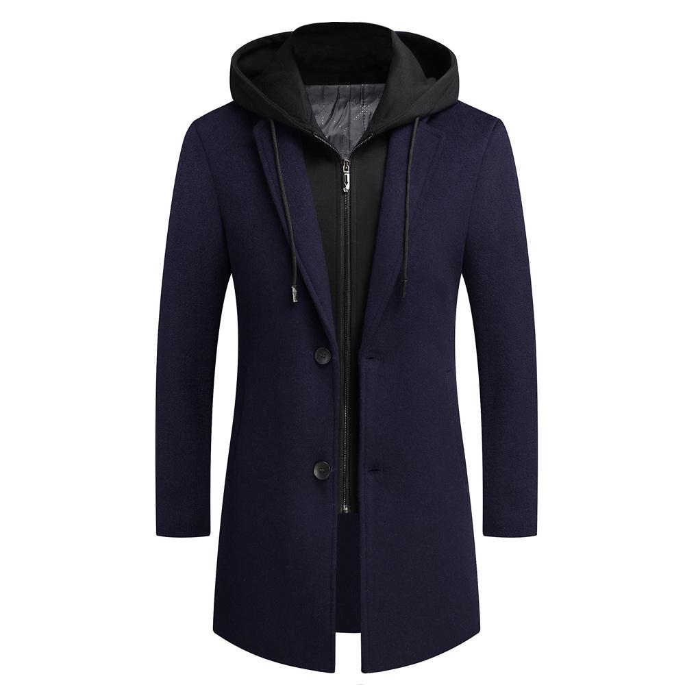 Herbst- und Winter Herren Wollmantel Mittel und Lang Doppelkragen Abnehmbare Kapuze Wollmantel Herren