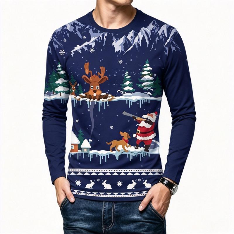 Christmas Style Men's Long Sleeve T-shirt Funny Santa Claus Print 3D Tees Autumn Casual O-neck Cotton Top Fashion X'mas Clothing
