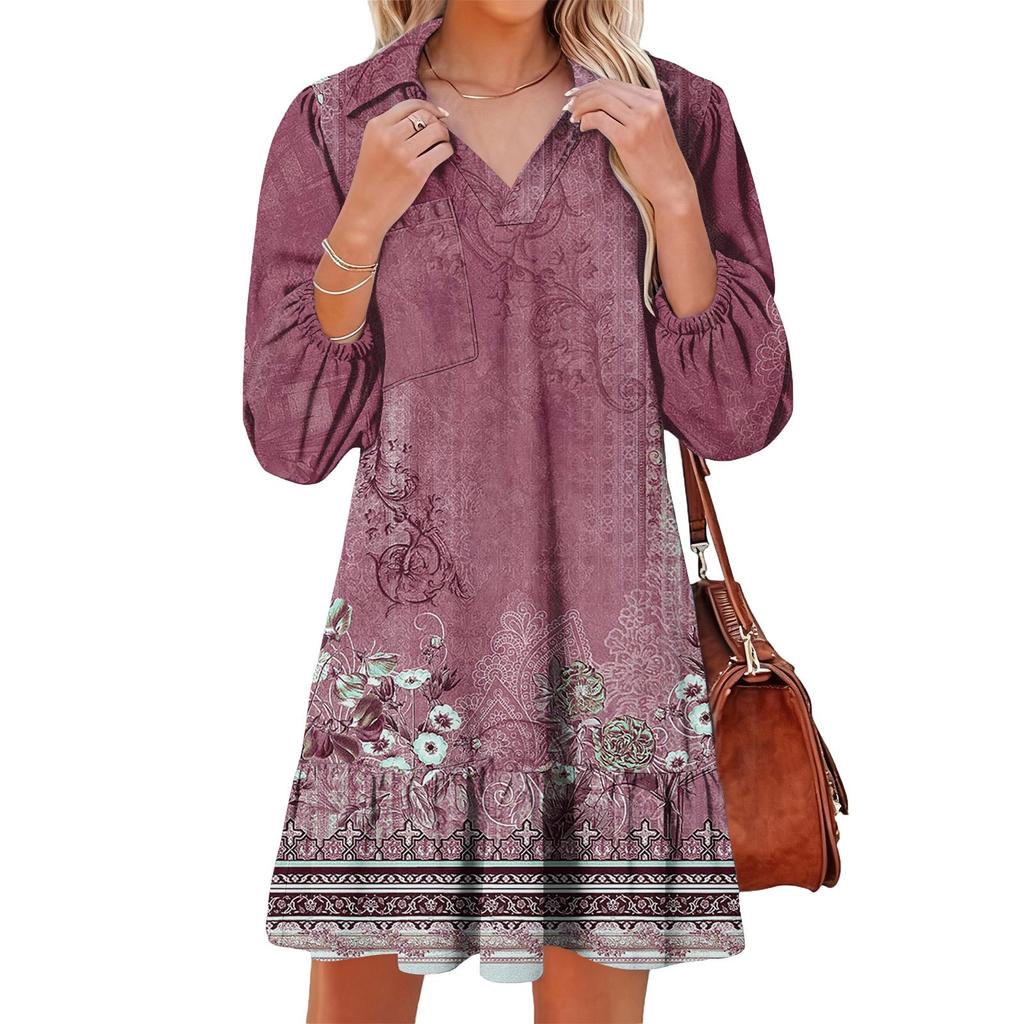 Women's Fashion Elegant Autmn And Winter Long Sleeve V,Neck Christmas Print Dress
