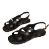 Fashion Black Pu Leather Flats Rome Sandals Women Summer Cross Straps Open Toe Beach Sandles Woman Lightweight Soft Sole Sandalias 36-43