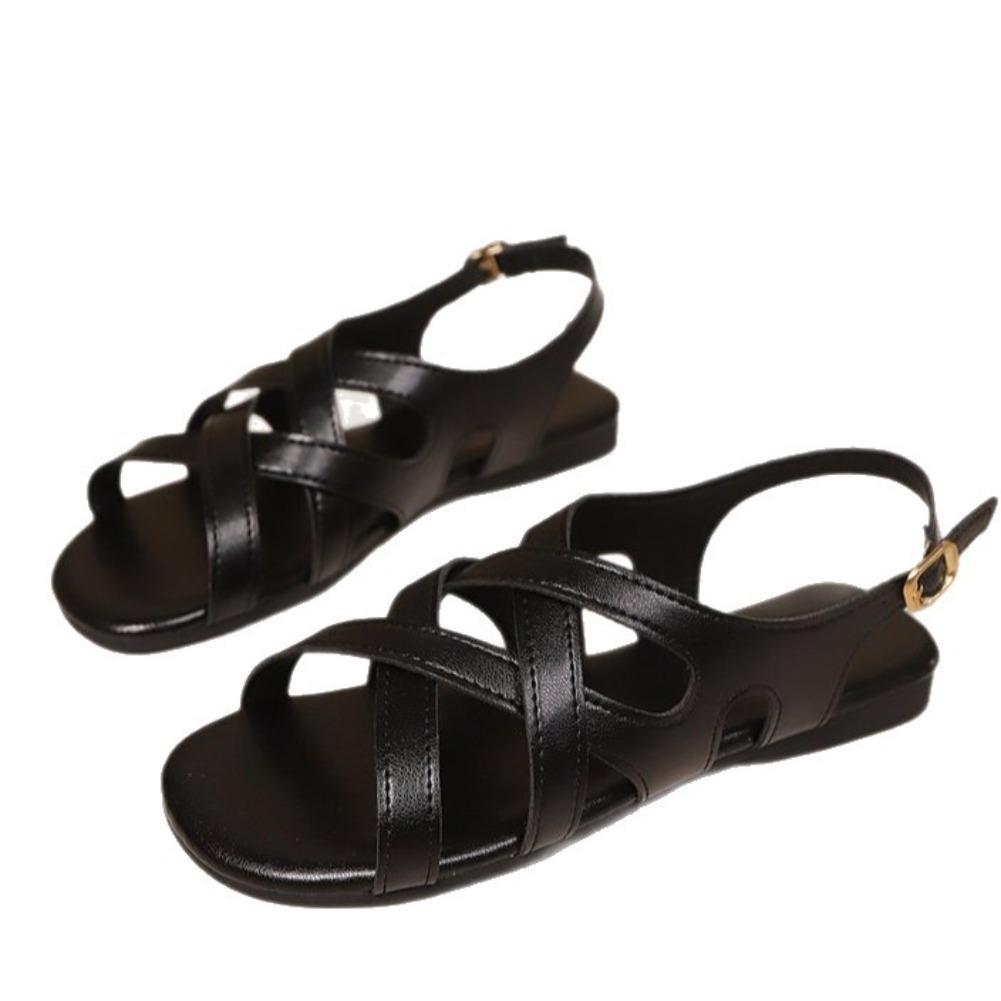 Fashion Black Pu Leather Flats Rome Sandals Women Summer Cross Straps Open Toe Beach Sandles Woman Lightweight Soft Sole Sandalias 36-43